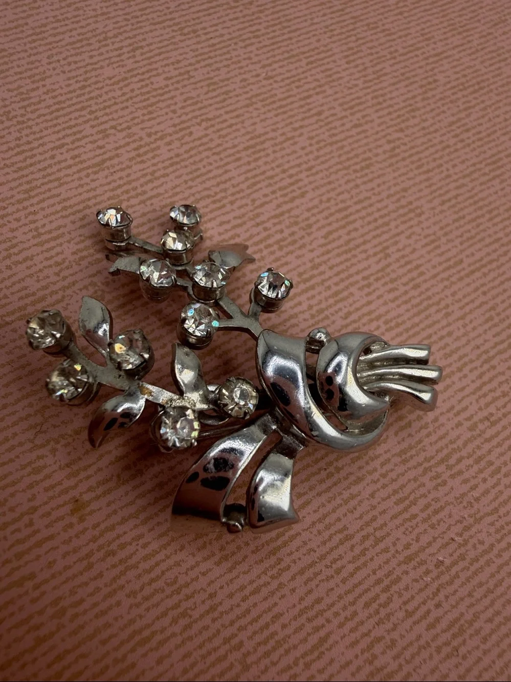 Vintage Karu‎ Rhinestone Floral Spray Brooch Silver Tone Bouquet Pin Mid Century